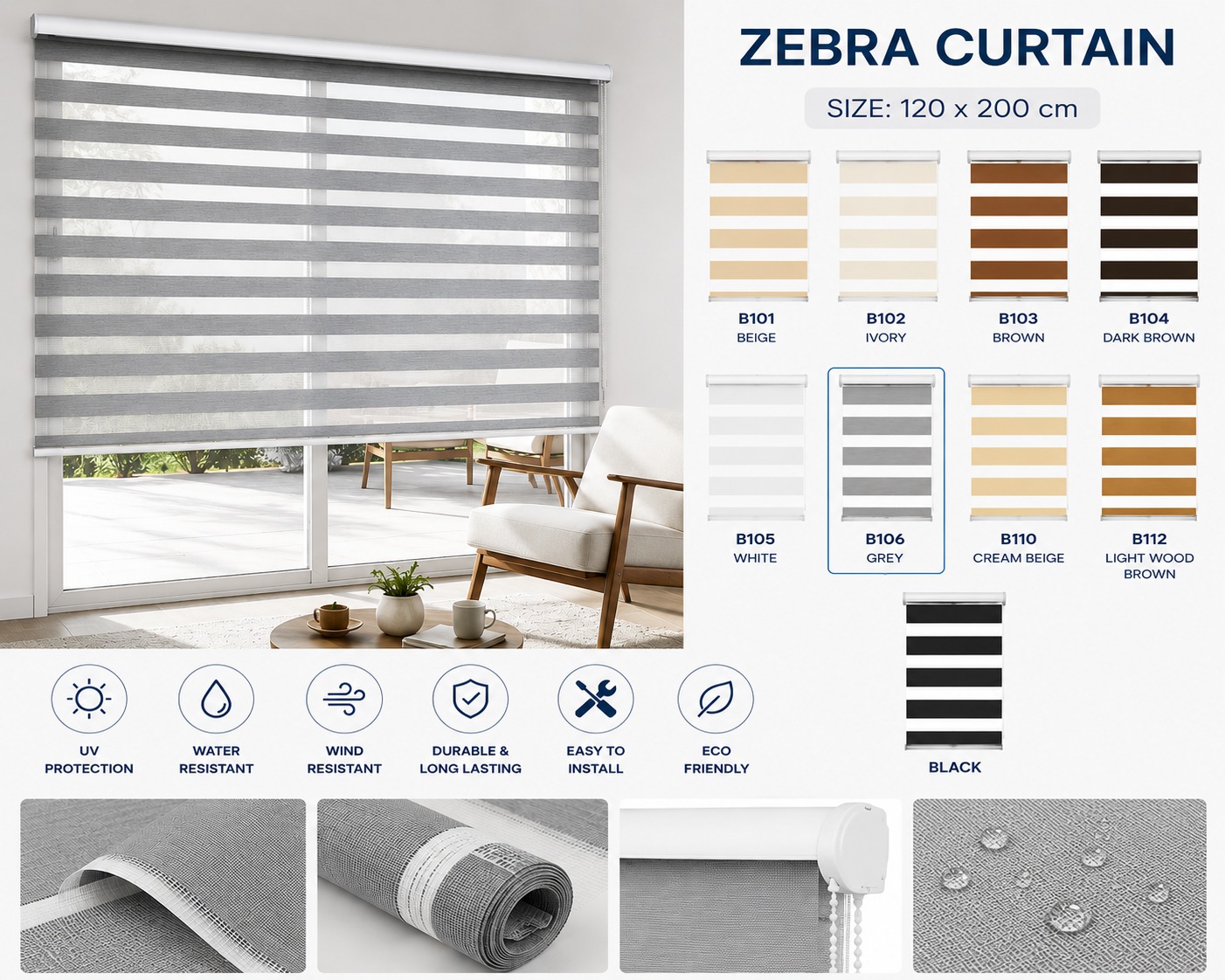 ستائر Zebra Duo مودرن | Premium Roller Blinds 120×200